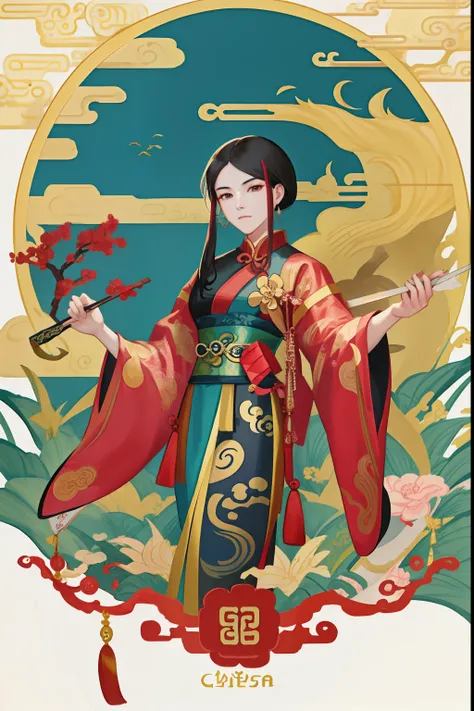 Chinese woman standing inspired by Hua Mulan hanging, com cabelos ao estilo comprido  late qing dynasty dynasty, holding a Chinese stick, and in the background a Chinese dragon, estilo quadrinhos, arte, illustration