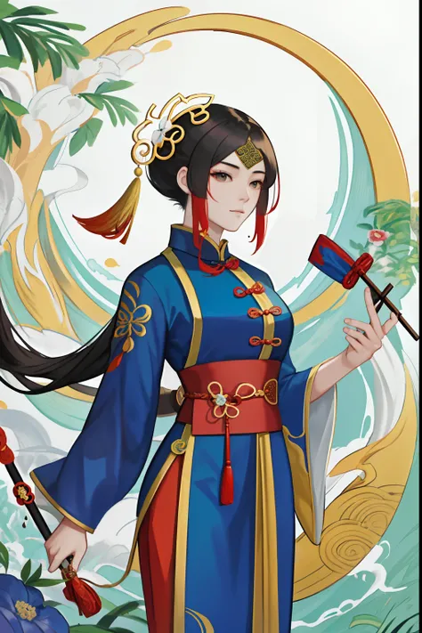 Chinese woman standing inspired by Hua Mulan hanging, com cabelos ao estilo comprido  late qing dynasty dynasty, holding a Chinese stick, and in the background a Chinese dragon, estilo quadrinhos, arte, illustration