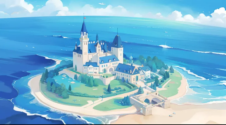 ocean fantasy watercolor illustration, bright colors, huge asymmetrical castle village