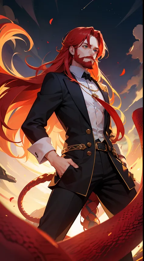 1man,solo,teacher,magician,long hair,tail serpent,red hair,long red beard