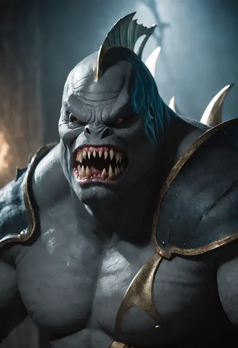 It creates a compelling image of King Shark, the DC Comics character, in an intimidating and powerful pose, seated in a throne as a big king. Be sure to capture his unique appearance as a humanoid shark with imposing musculature and sharp teeth. He uses da...