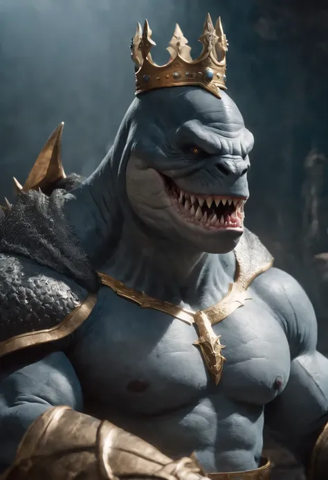 It creates a compelling image of King Shark, the DC Comics character, in an intimidating and powerful pose, seated in a throne as a big king. Be sure to capture his unique appearance as a humanoid shark with imposing musculature and sharp teeth. He uses da...