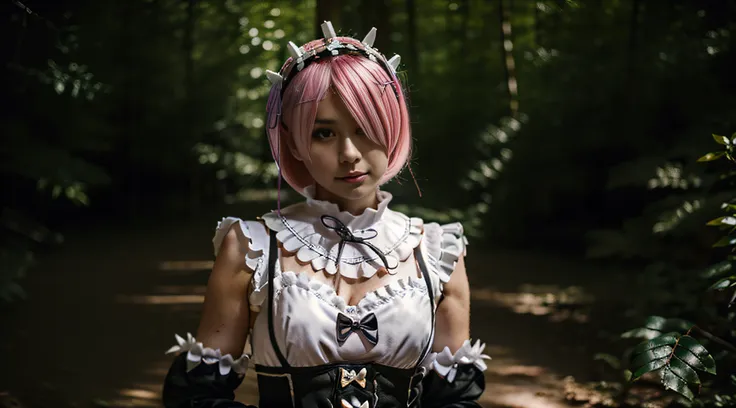 a beautiful girl cosplay, ram_rezero_2, red eyes, full body, in a forest,  photographed on a canon eos r5, 50mm lens, f/2.8, hdr...