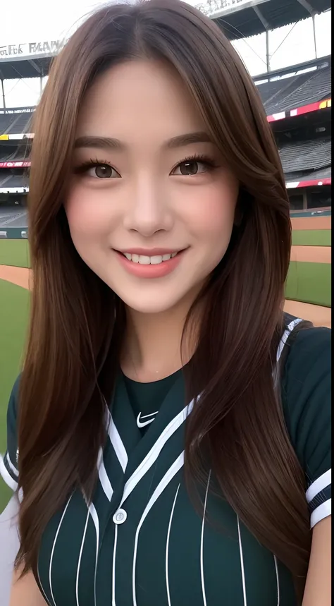 (top quality, 8k, masterpiece: 1.3), beautiful woman with perfect figure: 1.4, dark brown hair, wearing a baseball uniform, in a baseball stadium, very detailed face and skin, detailed eyes, double eyelids, big, smile