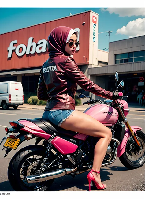 Slim and Medium breasted malay woman in hijab, pink food delivery motorcycle, foodpanda delivery, panda emblem at delivery box, pink delivery box, sunglasses, sci-fi, with gun, explosions behind, dramatic scene, movie poster,