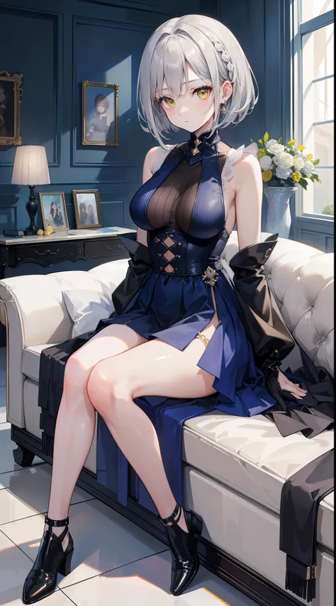 (top-quality、​masterpiece、high-level image quality、Super delicate)、a beauty girl、smooth ash gray hair、(Braided short bob hair)、Gorgeous yellow eyes、Ready Style、large full breasts、Clothes that kill virgins、Black Knee High Socks、top grade、inside in room、Sit ...