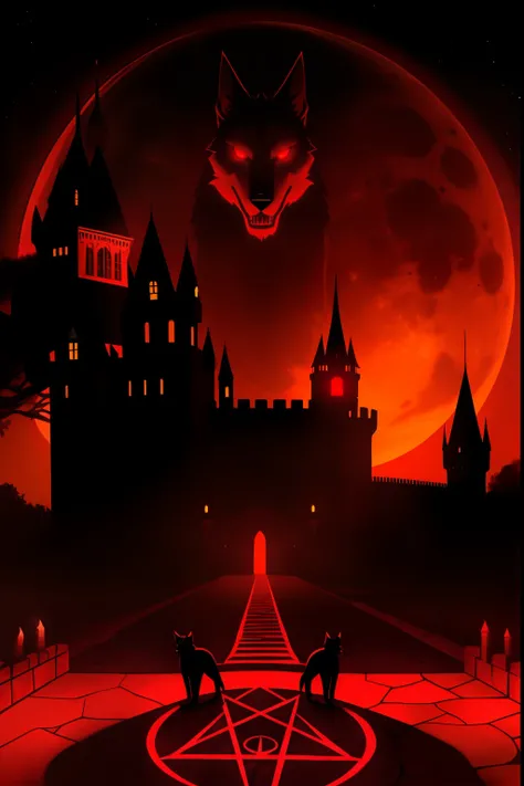 Black cat, green eyes, Satanic pentagram, Hell hound, Glowing red eyes, Background, Full moon, Global illumination, castle, hell