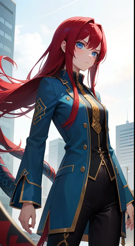 1gir,blue eyes,solo,long hair,tail serpent,red hair,serious face,classrom