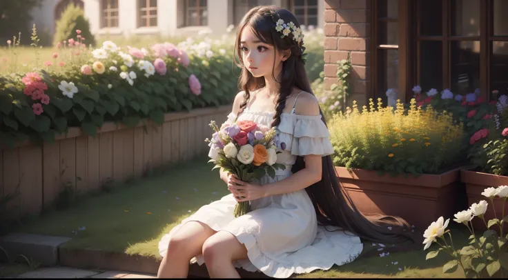 girl in a dress and long hair, holding a bouquet of flowers and sitting in a garden full of flowers and plants and animals, ultra realistic