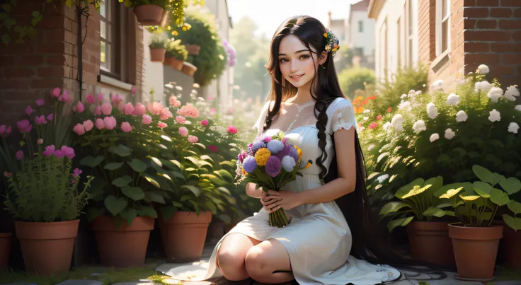 20 year old smiling girl in a dress and long dark hair, holding a bouquet of flowers and sitting in a garden full of flowers and plants, ultra realistic