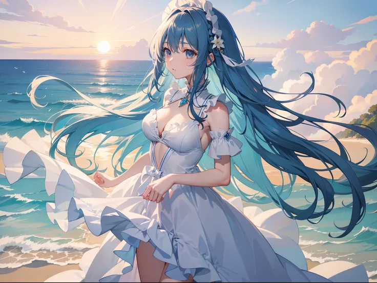 Girl with long light blue hair、Black eyes、Long dress with white ruffles．The figure illuminated by the setting sun is a god々Right！an orange、pink there、Yellow blends to fill the sky、The sunset over the beach is truly mesmerizing。The crystal clear sea gently ...