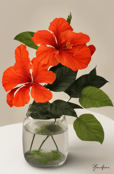 There are two orange flowers on a branch with green leaves, em um fundo cinza, flores tropicais florescentes, lindas flores tropicais, flores de hibisco, flor, large exotic flowers, hibisco, flores tropicais, plantas e flores tropicais, flores vermelhas fl...