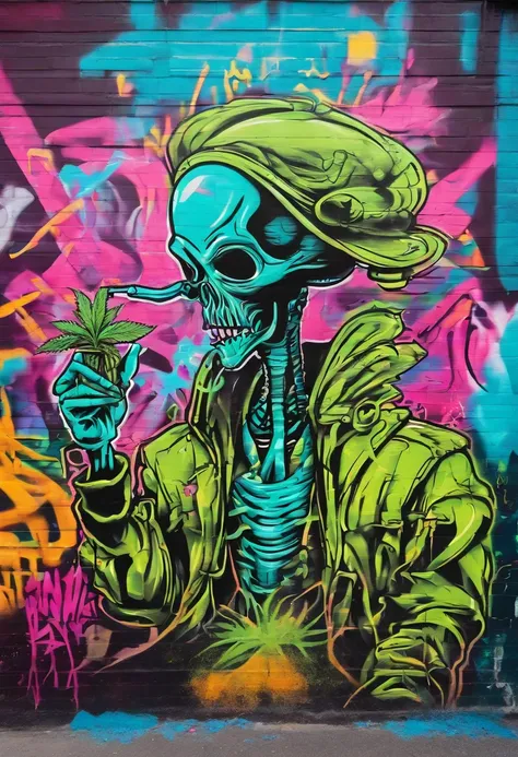 grafity, Alien smoking marijuana, imagem completa, High resolution high contrast