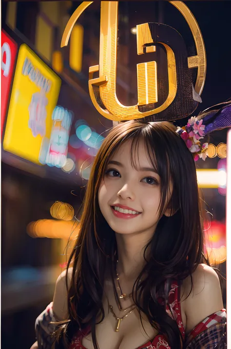 8k, top-quality, （pubic hair beauty）、hight resolution, realisticlying, realperson,　Red Light District at Night、There are many signboards、The light on the sign is dazzling、Dancing in different poses on stage、The best smile、Fun and smiling、One young and beau...