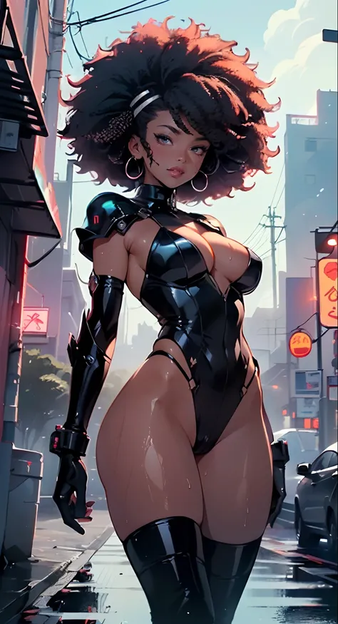 girl spacepunk,(((1girl))),((cute and beautiful afro haired girl)),((((black race)))),

(large breasts:1.4),saggy breasts,((((black afro hair:1.35,((afro hair:1.35)),afrohair,afro:1.35,dark hair,black hair,)))),medium hair,((heterochromia:1.5,eye1 orange:1...