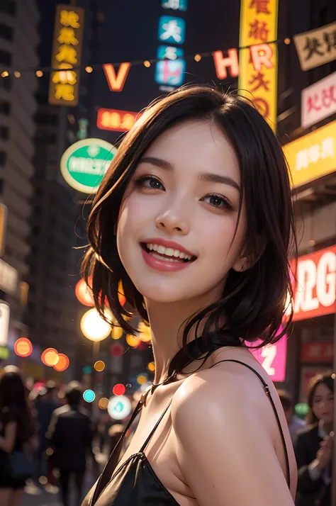 8k, top-quality, （pubic hair beauty）、hight resolution, realisticlying, realperson,　Red Light District at Night、There are many signboards、The light on the sign is dazzling、Dancing in different poses on stage、The best smile、Fun and smiling、One young and beau...