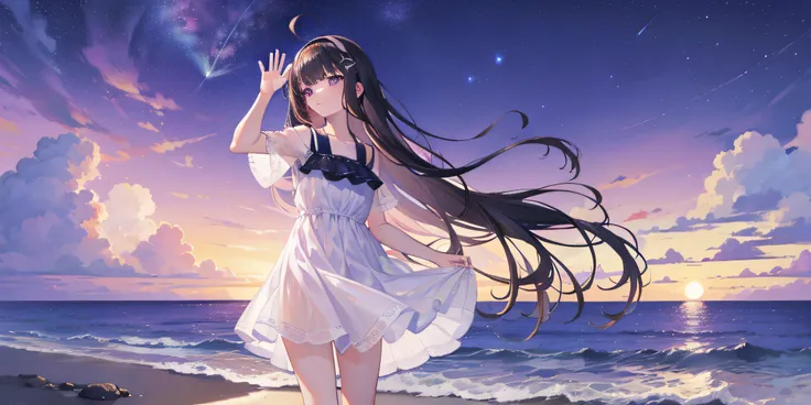 masterpiece, best quality, in summer, night, stars, sea, on the ocean, beautiful purple sunset at beach , girl, solo, long hair, black hair, ahoge, bangs, blunt bangs, long bangs,three hairclip,one pink hairband, smug, brown eyes, summer_dress, whitedress,...