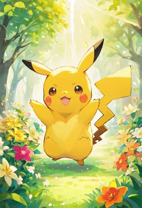 A Pikachu in a vibrant garden, surrounded by blooming flowers, lush green grass, and tall trees. The Pikachu has sparkly yellow fur, rosy cheeks, and big, playful eyes. It is full of energy, with its lightning-shaped tail standing upright. The garden is ba...