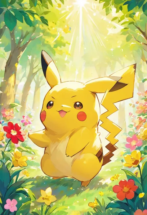 A Pikachu in a vibrant garden, surrounded by blooming flowers, lush green grass, and tall trees. The Pikachu has sparkly yellow fur, rosy cheeks, and big, playful eyes. It is full of energy, with its lightning-shaped tail standing upright. The garden is ba...