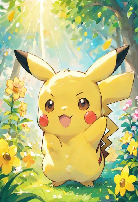 A Pikachu in a vibrant garden, surrounded by blooming flowers, lush green grass, and tall trees. The Pikachu has sparkly yellow fur, rosy cheeks, and big, playful eyes. It is full of energy, with its lightning-shaped tail standing upright. The garden is ba...