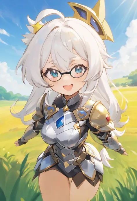 Ayaka, o Cavaleiro Solene com um Rabo de Cavalo, wearing glasses and white hair, is in the middle of a field background, adicionando um toque de Knight Armor(0.7) ao seu charme. She has a medium chest and an inviting smile with her hair accessories