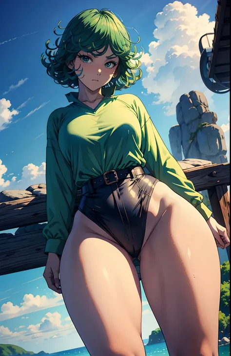 (masterpiece, best quality:1.2), cowboy shot, solo, 1girl, tatsumaki, lustful, closed mouth, looking at the viewer, ass, wide hips, shirt, short shorts, thong, squats, legs spread, blue sky, erotica,