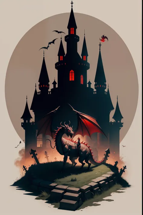 horror cemetery with red demon dragon around a castle