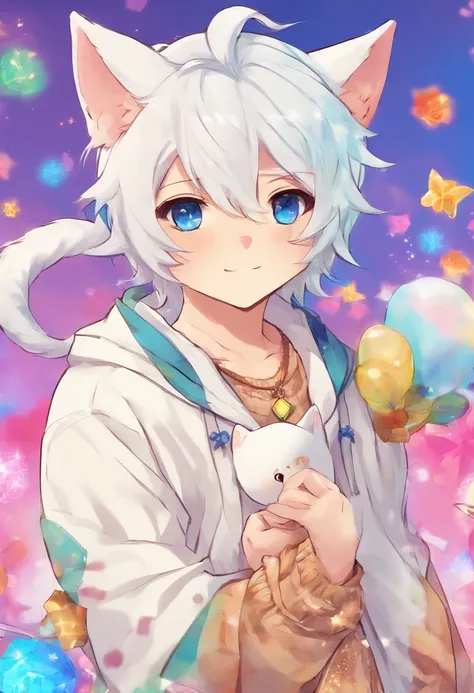 adult Male neko wearing a soft cute outfit, has bright blue eyes and long white hair