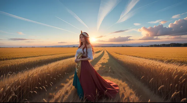 "Descreva uma imagem da deusa Ninkasi, a deusa da cerveja, vestida com um longo vestido vermelho e cabelos vermelhos, standing in front of a lush wheat field. The goddess radiates an aura of divinity and is enveloped in an atmosphere of serenity. His gaze ...