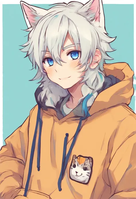 adult Male neko wearing a soft cute outfit, has bright blue eyes and long white hair, wearing black hoodie