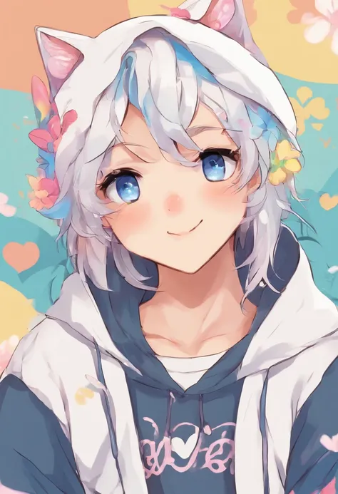 adult Male neko wearing a soft cute outfit, has bright blue eyes and long white hair, wearing black hoodie