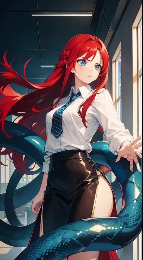 1girl,20s,blue eyes,solo,long hair,tail serpent,red hair,serious face,classroom,