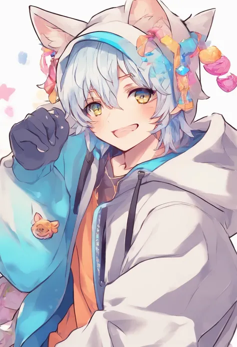 adult Male neko wearing a soft cute outfit, has bright blue eyes and long white hair, wearing black hoodie