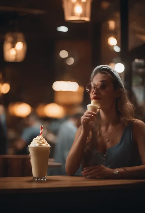 person drinking milkshake, imagem 8k, perfil, realistic, Unreal 5, colerful, altamente detalhado