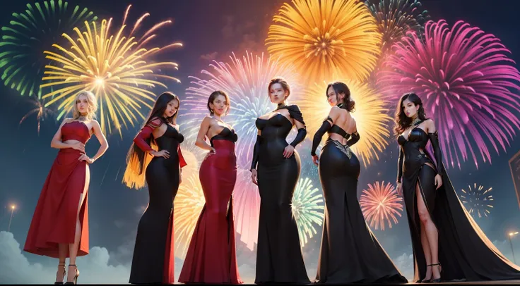 full body photo side view from below, photorealism, photorealistic, brilliant fireworks over  5 
beautiful  women in brilliant  ...