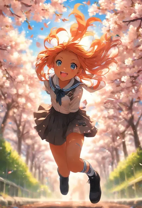 The most beautiful and gorgeous school girl, orange hair, blue eyes, dark skin, wearing school uniform and knee high socks, tattoos and piercings, cherry blossoms blowing in the wind, school campus, perfect masterpiece, high quality, high resolution