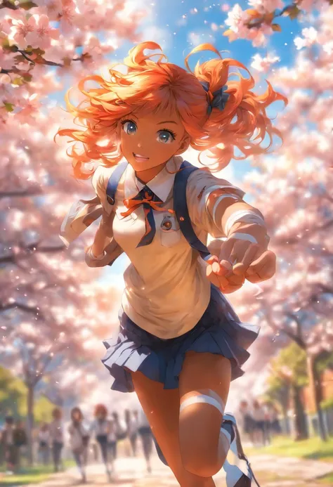 The most beautiful and gorgeous school girl, orange hair, blue eyes, dark skin, wearing school uniform and knee high socks, tattoos and piercings, cherry blossoms blowing in the wind, school campus, perfect masterpiece, high quality, high resolution