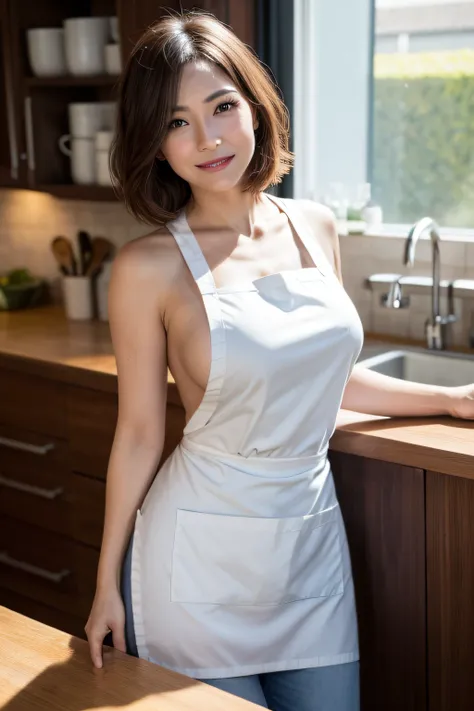 The most beautiful 50-year-old women, A detailed eye, 二重まぶた, Detailed lips, lightsmile, Huge breasts, (((short white apron))), Short brunette hair, thighs thighs thighs thighs, Standing, (Photorealsitic:1.4), (Top image quality:1.0), (超A high resolution:1....