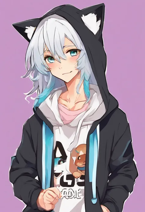 adult Male neko wearing a soft cute outfit, has bright blue eyes and long white hair, wearing black hoodie