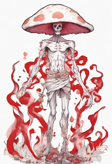 creepy white and red mushroom with male humanoid features, no facial details at all, long arms, very very tall, skinny stick like body