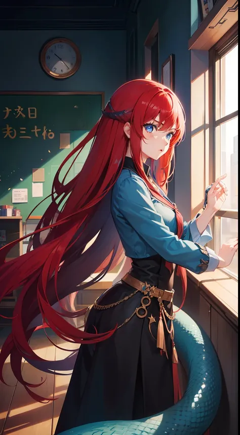 1girl,20s,blue eyes,solo,long hair,tail serpent,red hair,serious face,classroom,