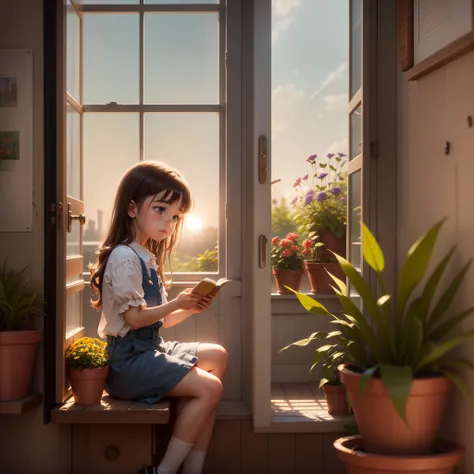 Little girl reading by the window, flower pots, and the sun was shining brightly, the detail， 4K， k hd， high high quality.