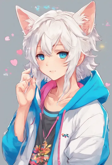 adult Male neko wearing a soft cute outfit, has bright blue eyes and long white hair, wearing black hoodie