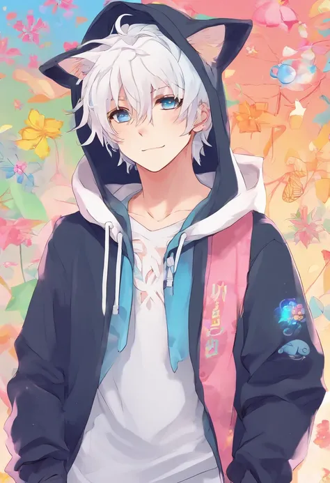 adult Male neko wearing a soft cute outfit, has bright blue eyes and long white hair, wearing black hoodie