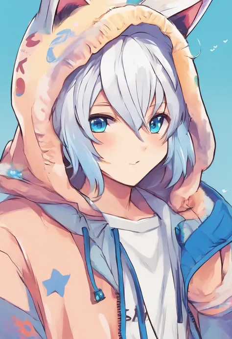 adult Male neko wearing a soft cute outfit, has bright blue eyes and long white hair, wearing black hoodie