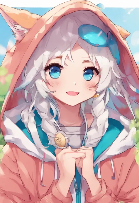 adult Male neko wearing a soft cute outfit, has bright blue eyes and long white hair, wearing black hoodie