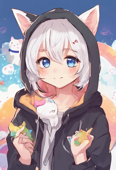 adult Male neko wearing a soft cute outfit, has bright blue eyes and long white hair, wearing black hoodie