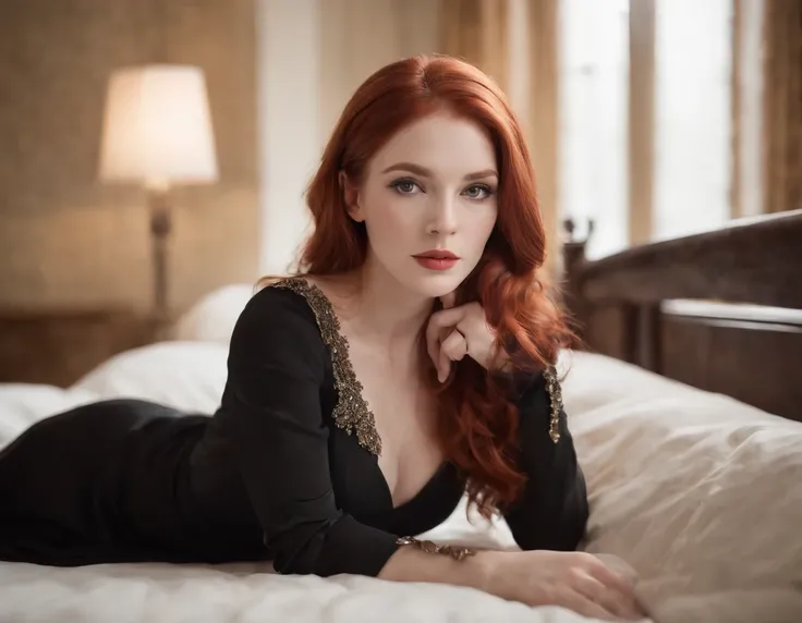 Stable Diffusion prompt: redhead in black dress, seductive gaze, long flowing red hair, black pantyhose, high heels, beautiful, young, on bed, intimate atmosphere, soft lighting, alluring pose, vibrant colors, realistic details, high resolution (4k), photo...