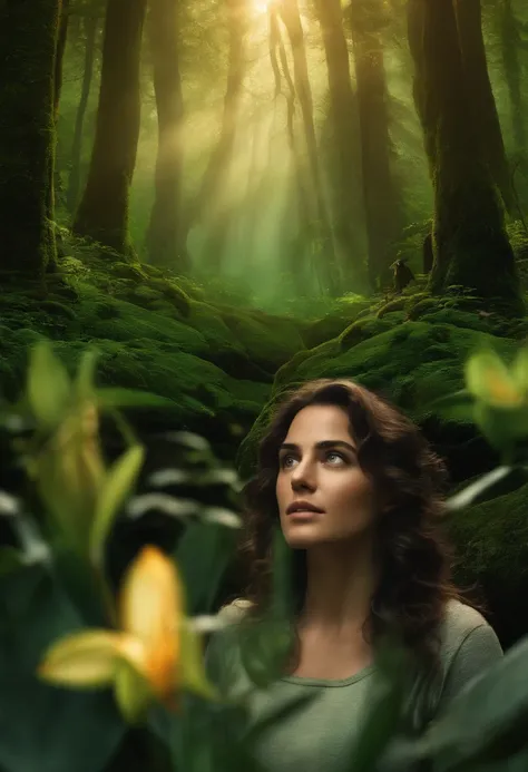 Percy Jackson e namorada, garota de olhos verdes, cabelos castanhos ondulados, pele bronzeada, Forest scenery with lilies