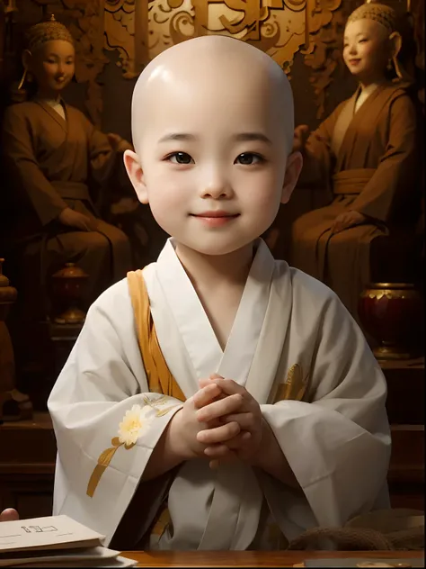 A 3-year-old bald monk，Wearing a white monks robe，Chubby little face，Big round eyes，A  High Bridge of nose，With a smile，had his hands folded，Sit cross-legged。Lotus pattern on background。k hd